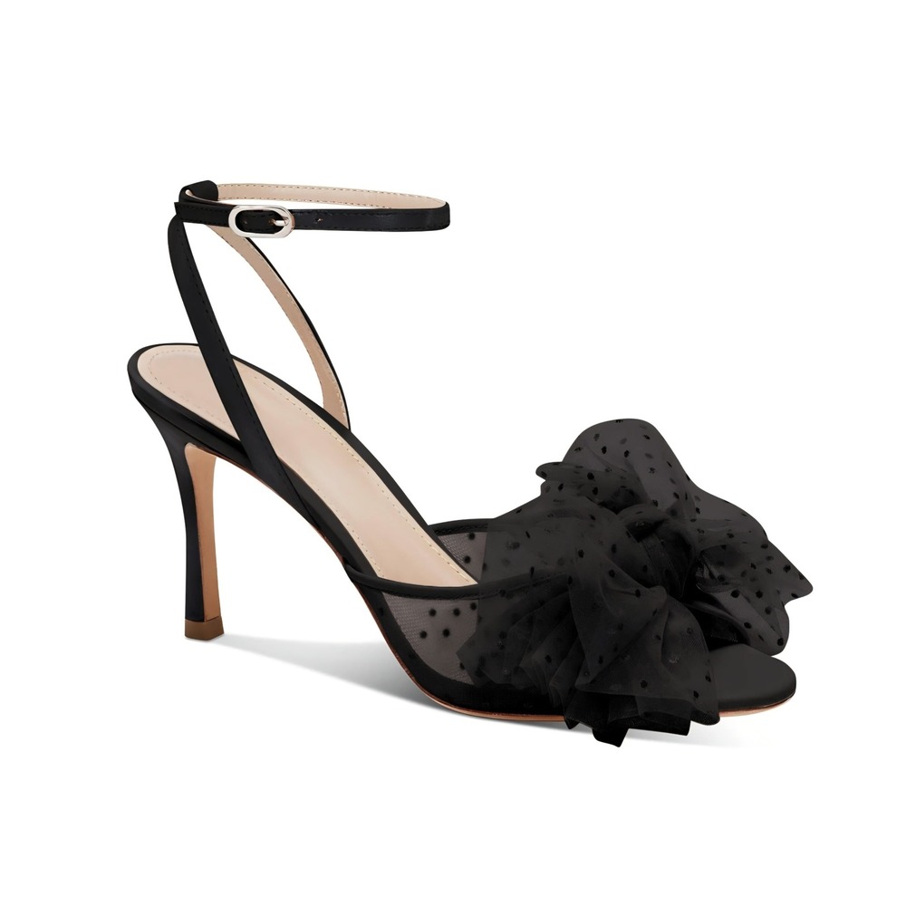 Black Polka Dot Mesh Ruffle Bow Kitten Heels Ankle Strap Sandals pumps Size 5.5